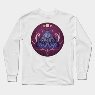 Graphic Purple Moth with Moon Sketch Artwork Long Sleeve T-Shirt